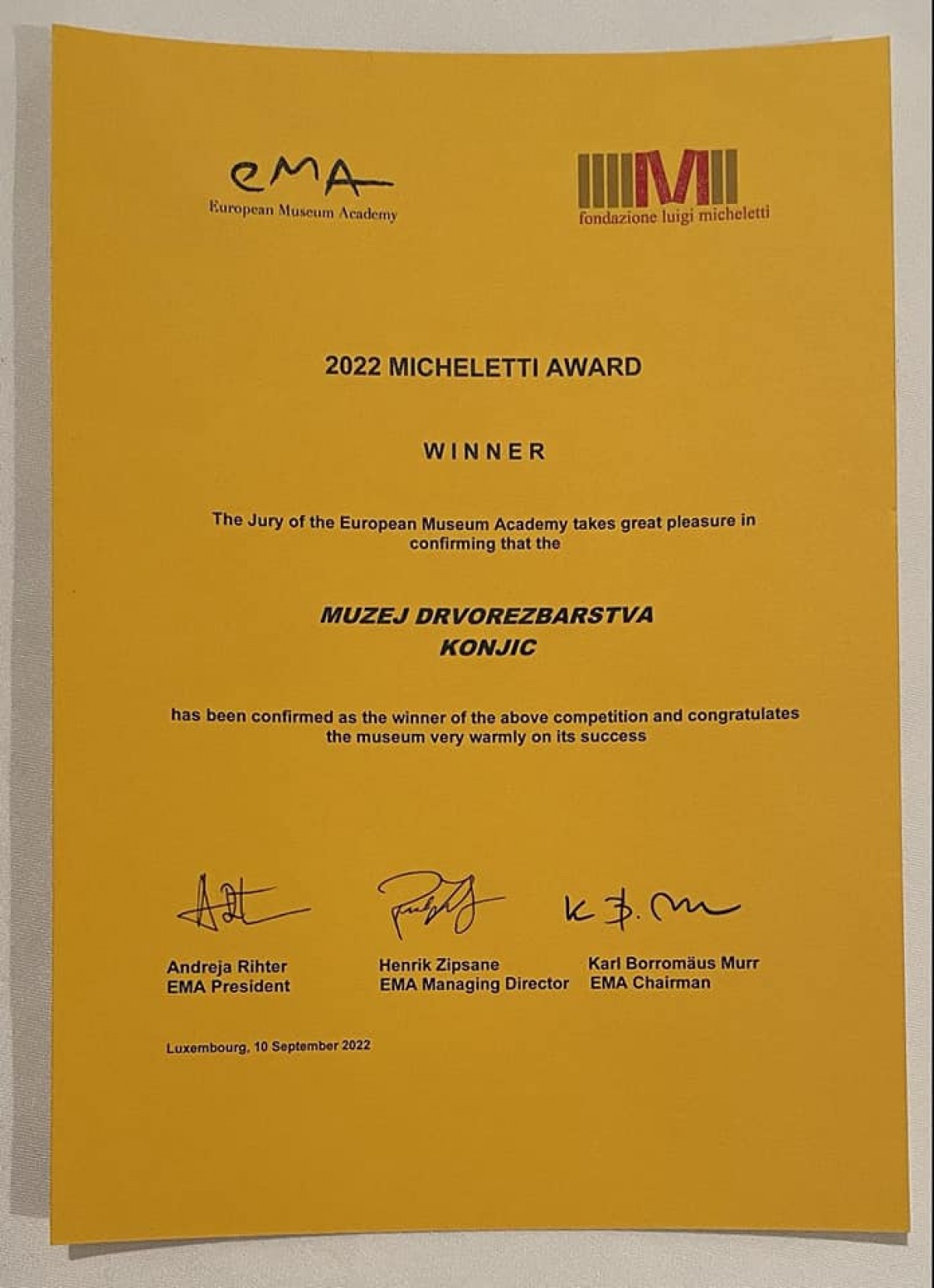 Čestitka u povodu dodjele prve nagrade Evropske muzejske akademije Luigi Micheletti 2022 Muzeju drvorezbarstva Konjic