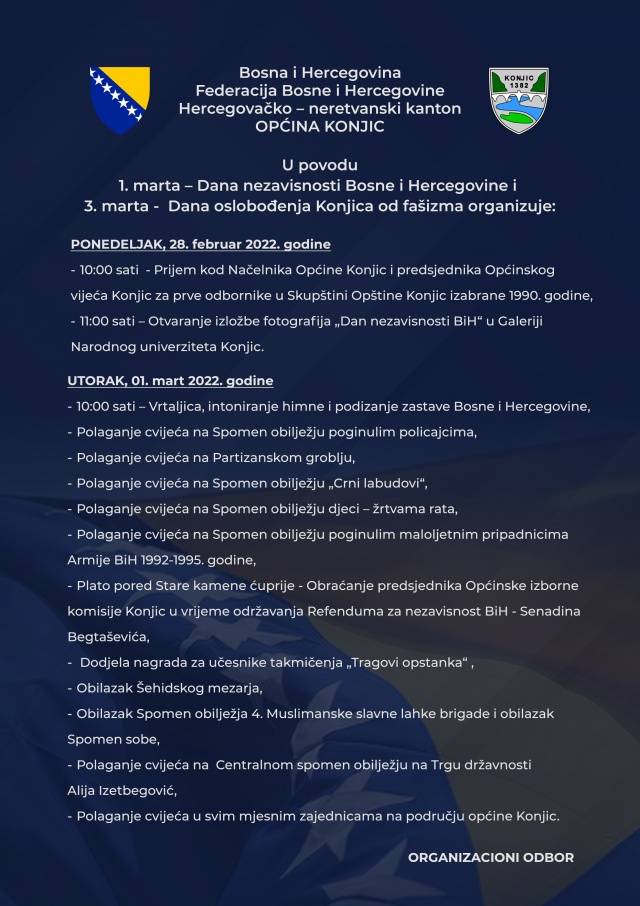 Program obilježavanja 1. marta – Dana nezavisnosti Bosne i Hercegovine i 3. marta - Dana oslobođenja Konjica od fašizma