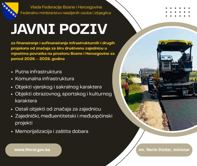 JAVNI POZIV za finansiranje i sufinansiranje infrastrukturnih i drugih projekata od značaja za širu društvenu zajednicu u mjestima povratka na prostoru Bosne i Hercegovine za period 2026. – 2028. godina