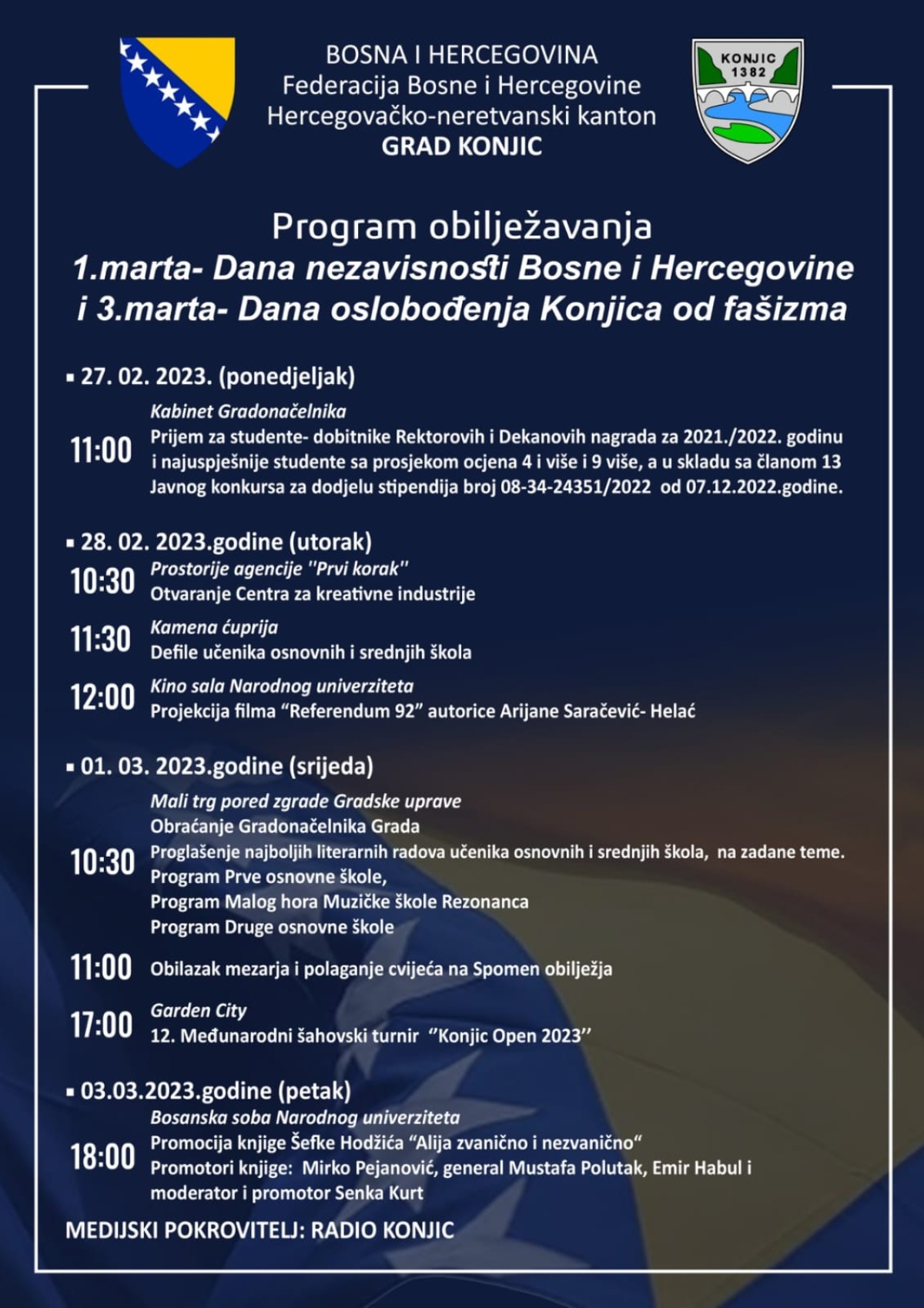 Program obilježavanja 1.marta Dana nezavisnosti Bosne i Hercegovine i 3.marta Dana oslobođenja Konjica od fašizma